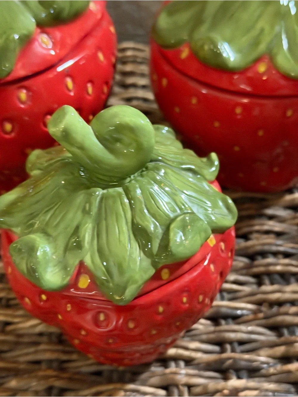 Set of 3 Ceramic Strawberry Canisters Jars with Lids Red Green Kitchen Decor